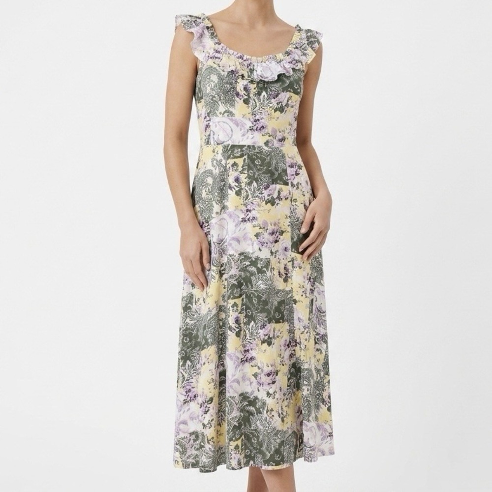 LOFT Sundress sz 6 Midi Fit & Flare Purple Yellow Bandana Floral Patchwork